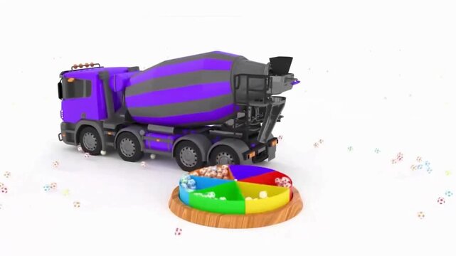 3D animation of toy cement mixer truck unloading purple mini soccer balls into color sorting tray for kids video in 4k
