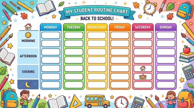 Student daily routine schedule back to school chart, colorful weekly planner calendar vector illustration with school supplies, books, backpack icons design template for kids education
