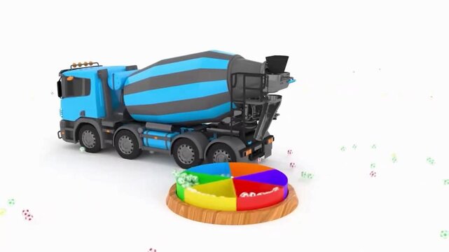 3D animation of toy cement mixer truck unloading blue mini soccer balls into color sorting tray for kids video in 4k