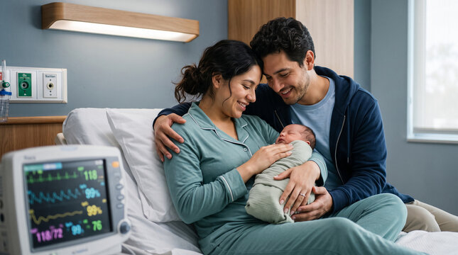 Young Parents with Newborn Baby in Hospital Room Postnatal Maternity Care and First Family Moments