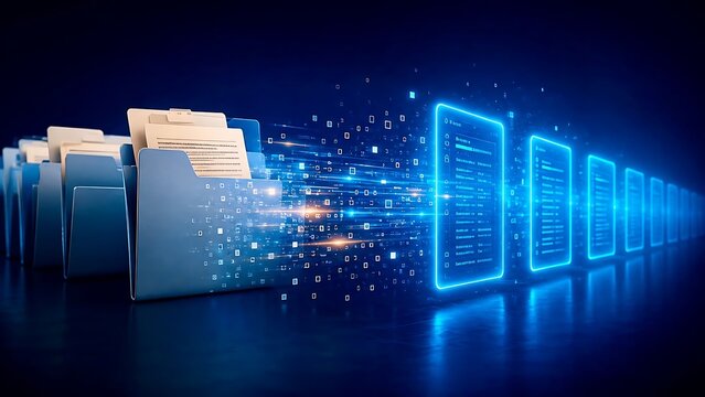 Physical file folders transforming into glowing digital data documents representing paperless office and business digitization process