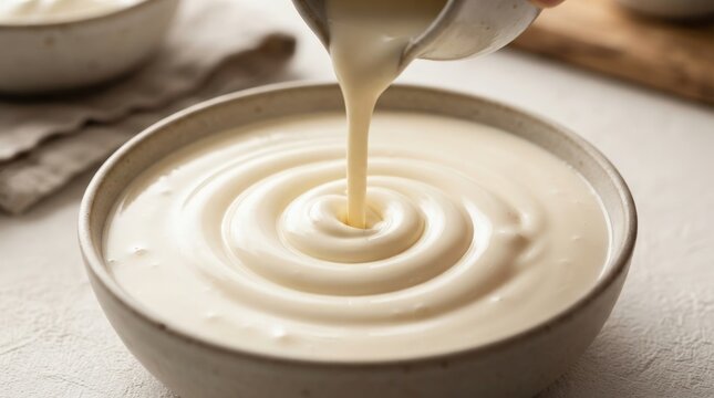 Close-up shot of thick white sauce poured into a bowl from a ceramic pitcher, soft natural lighting, neutral background, calm mood.
