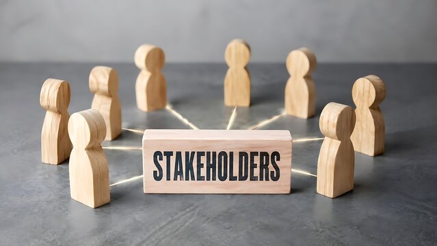 Wooden human figures connected by glowing lines to a central wooden block with the word stakeholders representing business network and corporate structure.