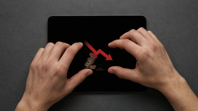 Hands holding a digital tablet screen with a downward trending red arrow and coins on a dark background, symbolizing financial decline and economic recession