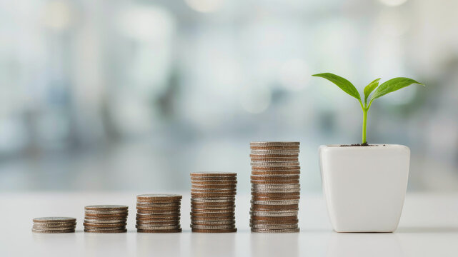 Financial growth concept featuring stacks of coins and a small green plant representing profitable investment