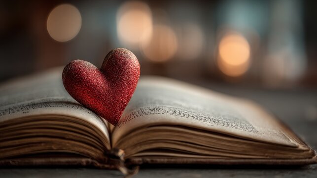 Red heart sitting on top of an open book love background