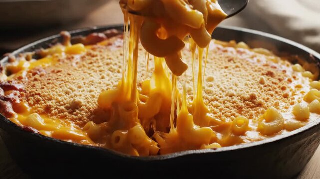 Close-up of cheesy macaroni pasta being scooped from a cast iron skillet with a fork.
