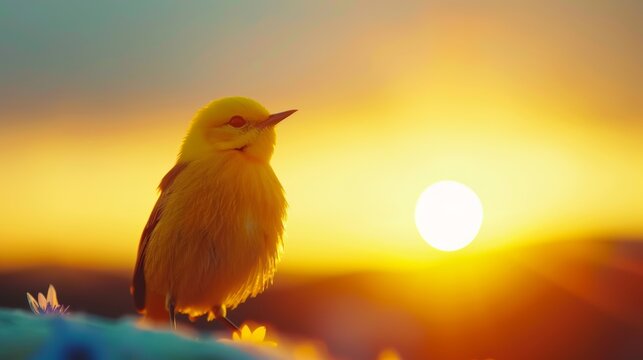 Beautiful yellow bird perched against a stunning sunset glow in a tranquil landscape