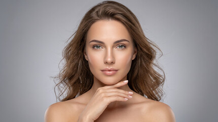Fototapeta premium Beautiful Young Woman with Long Brown Hair in Studio Beauty Portrait for Skincare and Hair Care Marketing
