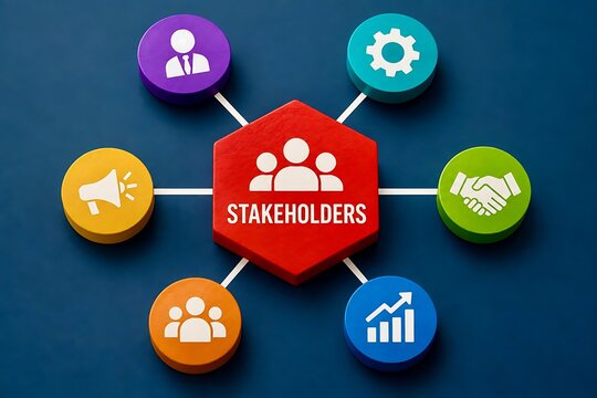Stakeholders infographic concept with connected colorful icons representing business structure network and corporate communication.
