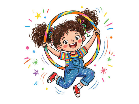 Curly hair girl jumping through a colorful hula hoop in a fun crayon style drawing art