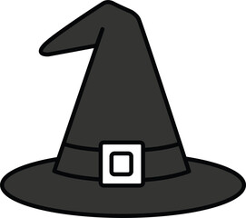 A whimsical cartoon illustration of a vibrant purple witch hat, featuring a classic black band and golden buckle, symbolizing magic and Halloween celebrations
