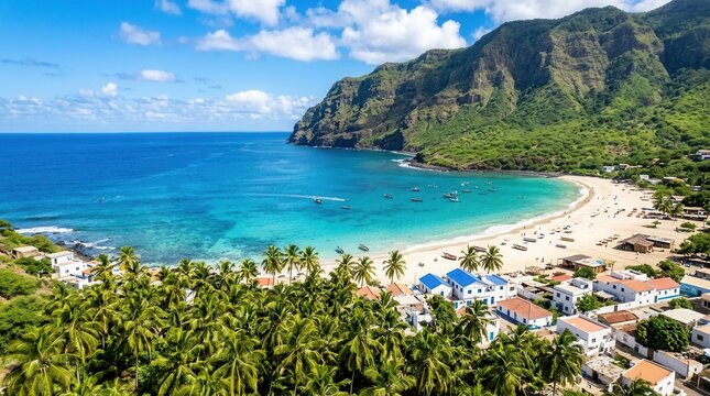 Aerial view of Tarrafal Beach in Cape Verde on Santiago Island.