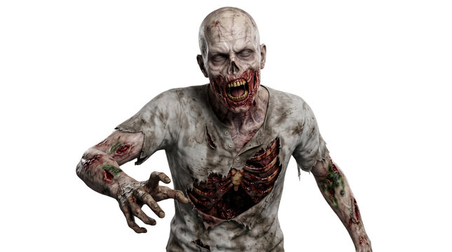 Terrifying undead zombie creature with decaying skin and exposed rib cage stands in a threatening pose while reaching forward against a clean isolated white background