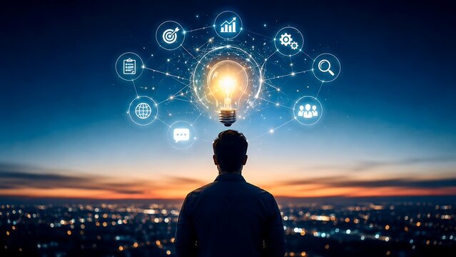 Businessman silhouette looking at glowing lightbulb with connected innovation icons over city skyline representing creative business ideas.