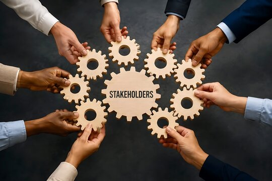 Diverse business team holding wooden gears together with stakeholders text representing teamwork and corporate synergy.