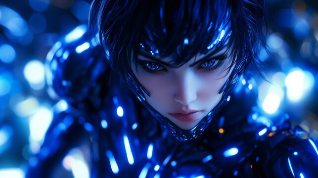 Futuristic character in neon attire surrounded by glowing blue lights in a cyberpunk setting