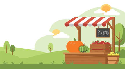 Fototapeta premium Autumn Farm Stand Harvest Display with Pumpkins Apples and Lush Green Scenery,