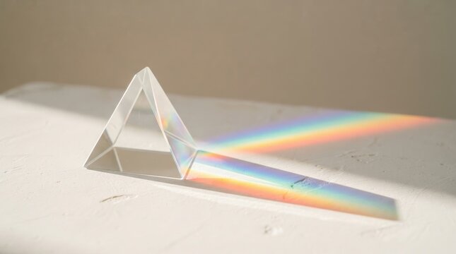 Close-up shot of a transparent triangular prism splitting white light into a rainbow spectrum on a flat surface under controlled lighting.