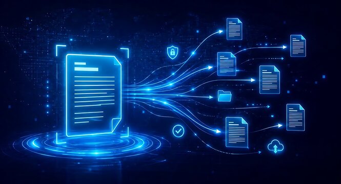 Futuristic digital document management system with glowing blue network connections, cloud storage icons, and cybersecurity shield over a world map background.