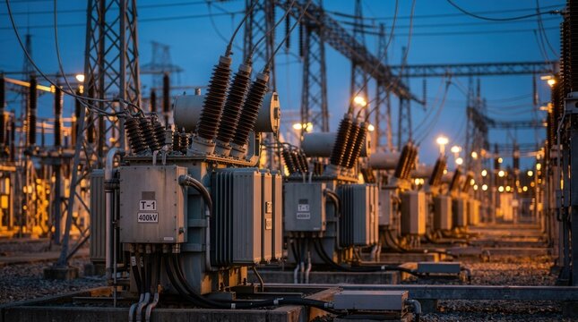 Industrial electrical transformers aligned in a power substation with soft evening lights in the background.
