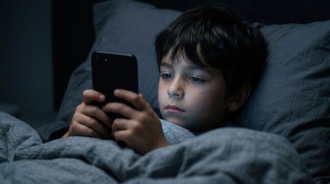 Young child wrapped in a blanket using a smartphone at night illuminated by screen light symbolizing digital childhood and screen time.