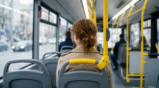 Passengers sitting inside public transport bus with blurred interior representing daily commute and urban mobility
