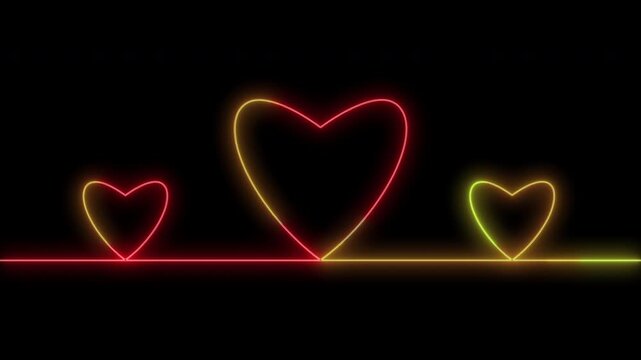 Neon three heart on a same line animation on black background. Animated colorful heart 4K Resolution.