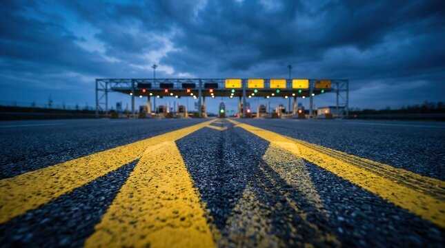 Symmetrical perspective view of a highway toll plaza with illuminated booths and road markings at dusk.