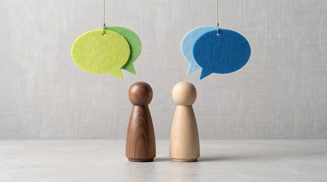 Diversity communication concept showing two wooden figures with hanging speech bubbles representing corporate dialogue