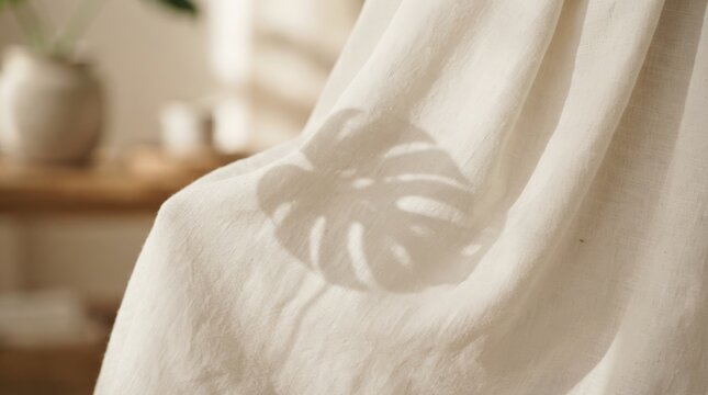 Close-up of sheer white curtain with natural light creating monstera leaf shadow; soft indoor lighting, neutral background, minimalist composition for home decor inspiration.