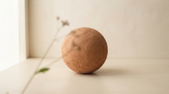 Close-up of a rough, spherical clay-like object placed indoors beside a window sill with a delicate plant stem. Natural lighting enhances texture details, creating a minimalist and neutral mood.