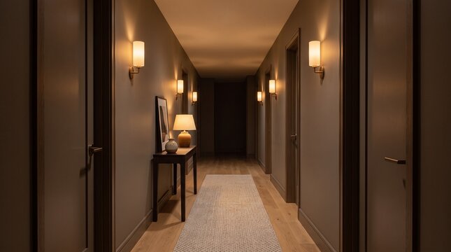 Nighttime cozy hallway, modern apartment hallway decor, centered one point perspective with balanced pools of light and deep clean background, secure and restful mood,