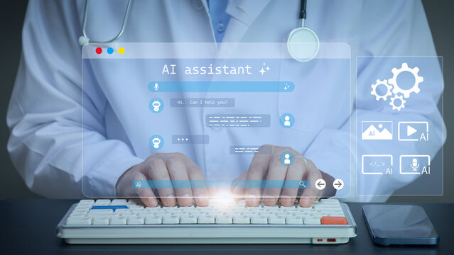 Focused doctor typing on keyboard accesses digital clinical assistant system with advanced ai hologram technology in modern medical clinic