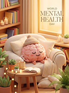 Cozy mental health concept with cute relaxing brain character in a comfortable room
