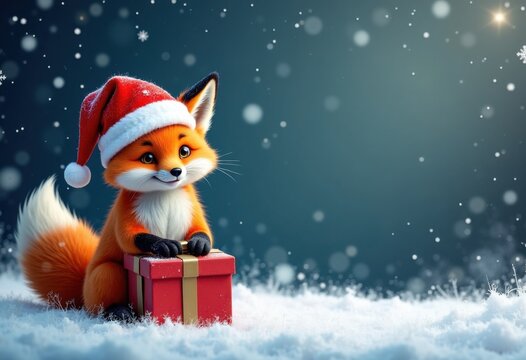 Blue Christmas background with cute red fox in red Santa's cap with gift and snow, with space for text, template for greeting or gift card