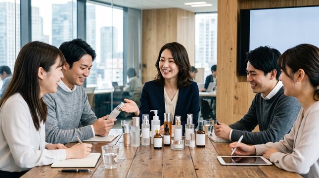 会議室にて、テーブルに置かれた数種類の形状の化粧品ボトルを見ながら、若いチームメンバー数名と穏やかな笑顔で議論している商品開発担当20代日本人女性社員のクローズアップポートレート
