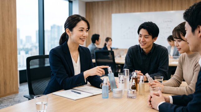 会議室にて、テーブルに置かれた数種類の形状の化粧品ボトルを見ながら、若いチームメンバー数名と穏やかな笑顔で議論している商品開発担当20代日本人女性社員のクローズアップポートレート