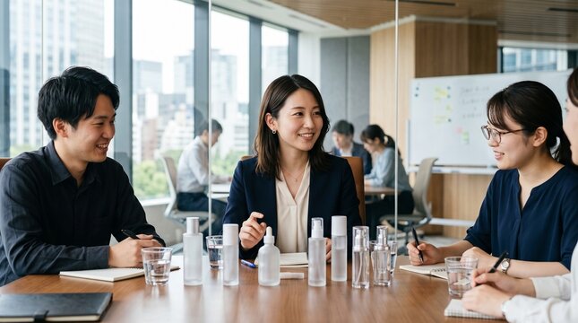 会議室にて、テーブルに置かれた数種類の形状の化粧品ボトルを見ながら、若いチームメンバー数名と穏やかな笑顔で議論している商品開発担当20代日本人女性社員のクローズアップポートレート