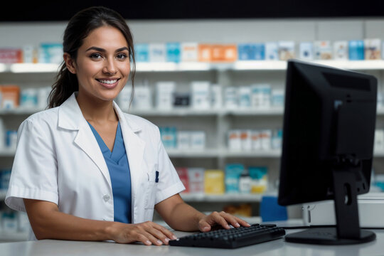 Portrait of woman pharmacist working on computer in pharmacy with shelves of medicines in healthcare and medical field