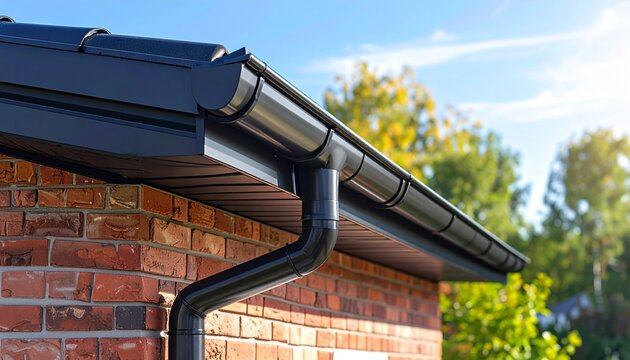 Modern black metal gutter system installed on a brick house roofline