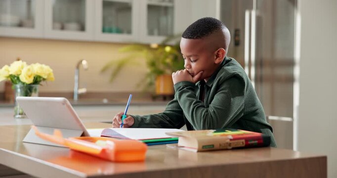 Thinking, elearning and tablet with black child in kitchen in home for reading, education and answer check. Reflection, math solution guide and online class with kid for study, student and exam