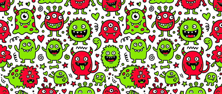 Cute cartoon monsters pattern, isolated playful characters
