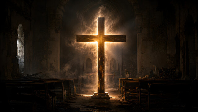 A glowing wooden cross standing in the center of a dark, abandoned, and atmospheric church