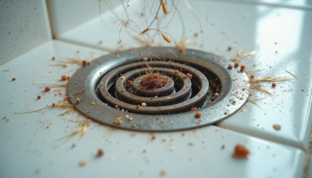 Dirty kitchen drain with food debris and hair surrounding drain cover. Kitchen maintenance requires cleaning of food particles, hair, and dirt around drain area.