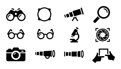 Fototapeta premium Optics and Vision Icons: Binoculars, Magnifying Glass, Telescope, Microscope, Camera, Glasses
