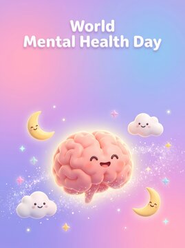 A charming and cheerful brain embarks on a peaceful journey through a dreamy pastel cosmos, promoting inner well-being