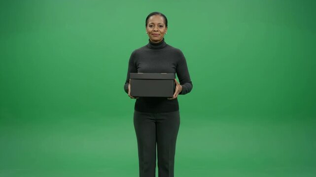 Confident woman in a black turtleneck holding a small box on a green screen background, looking directly at the camera.