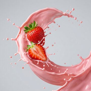 Dynamic splash of smooth pink strawberry milkshake swirling around fresh ripe strawberries on isolated gray surface.
