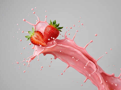 Fresh red strawberries enclosed in a swirling wave of creamy pink strawberry yogurt splash on light background.